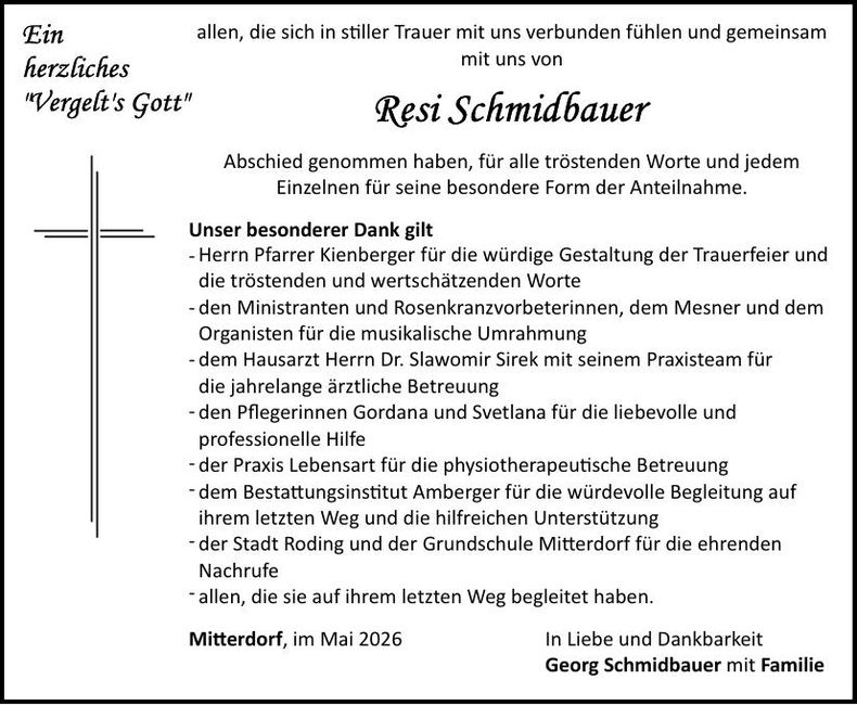 Traueranzeige Theresia Schmidbauer