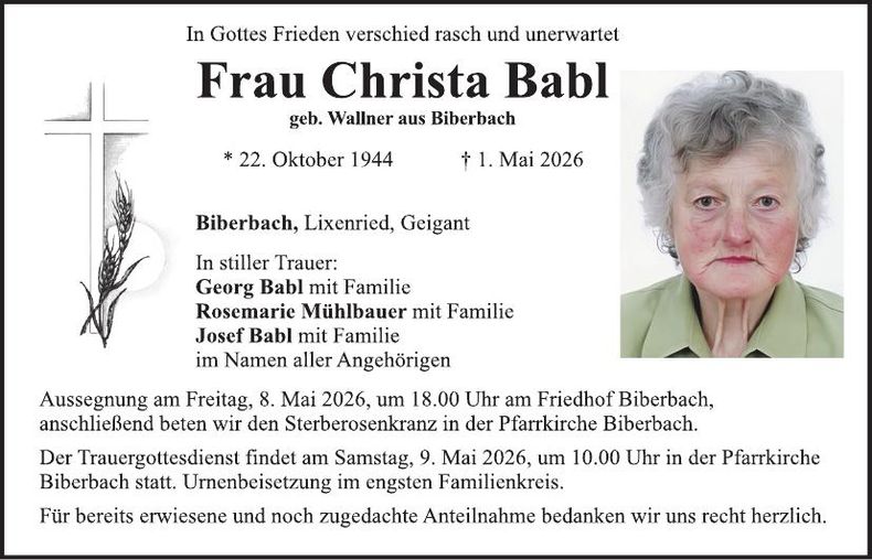 Traueranzeige Christa Babl