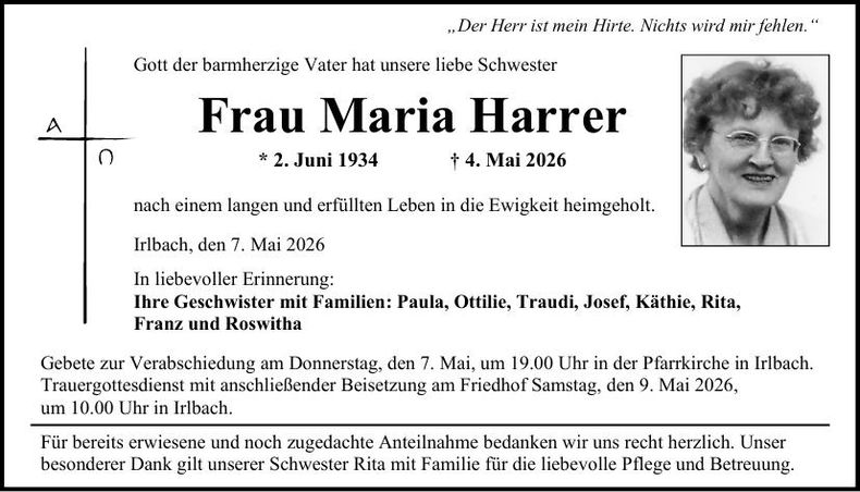Traueranzeige Maria Harrer