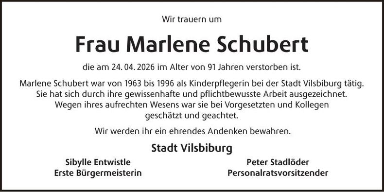 Traueranzeige Marlene Schubert