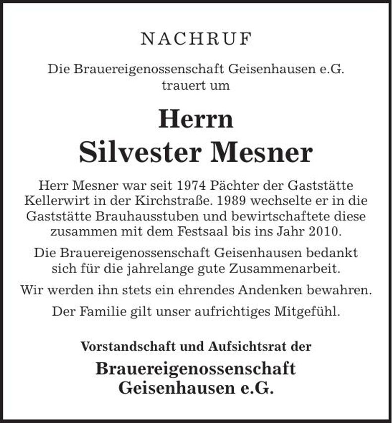 Traueranzeige Silvester Mesner