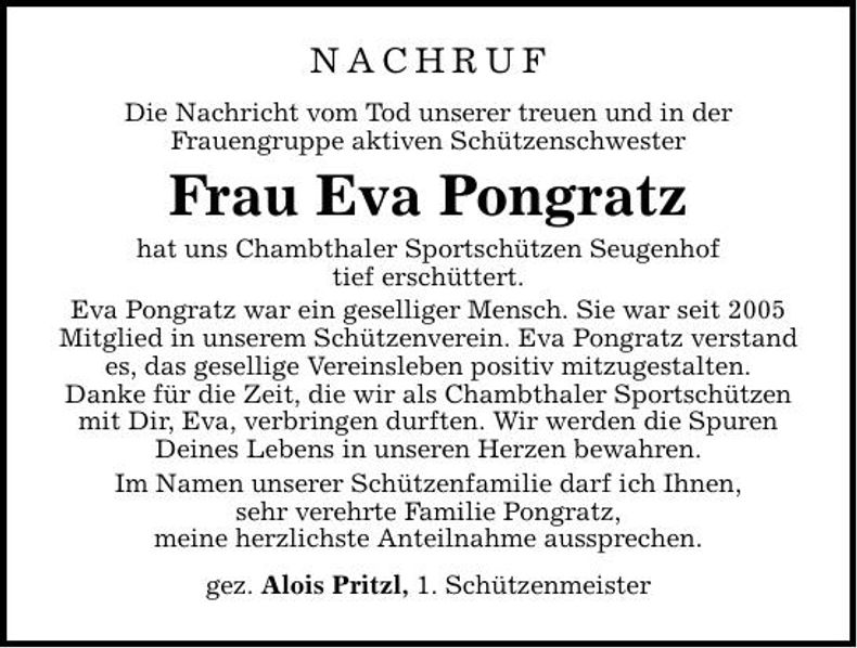 Traueranzeige Eva Pongratz