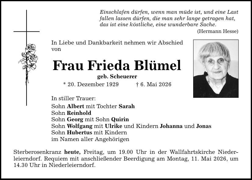 Traueranzeige Frieda Blümel