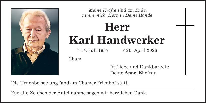 Traueranzeige Karl Handwerker