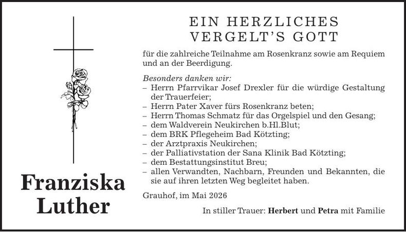Traueranzeige Franziska Luther