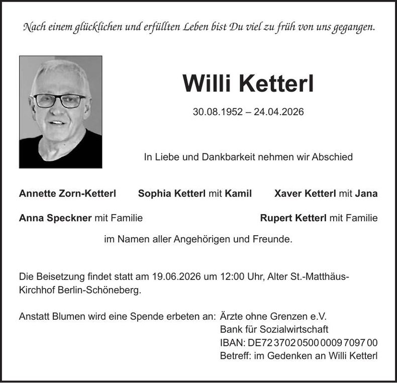 Traueranzeige Willi Ketterl