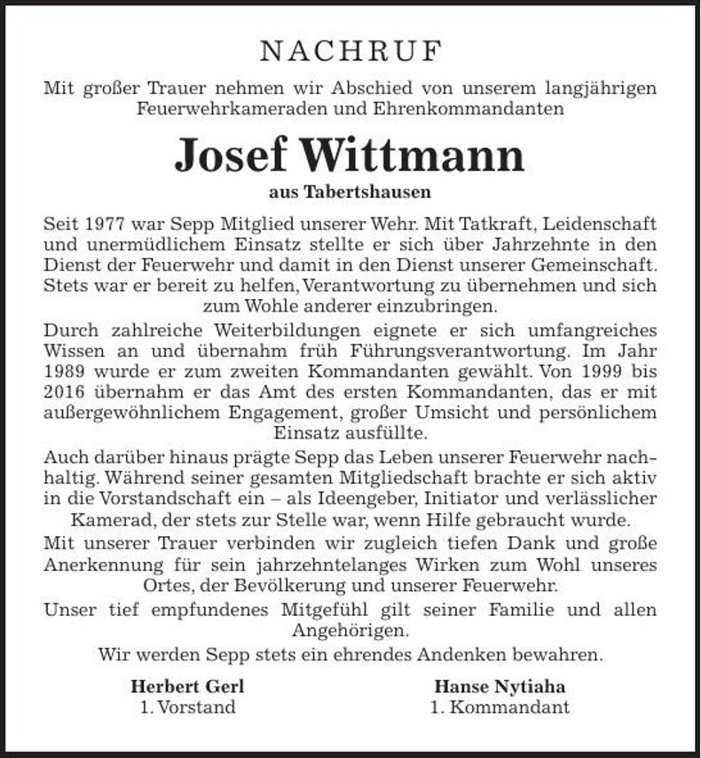 Traueranzeige Josef Wittmann
