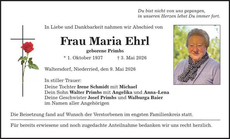 Traueranzeige Maria Ehrl
