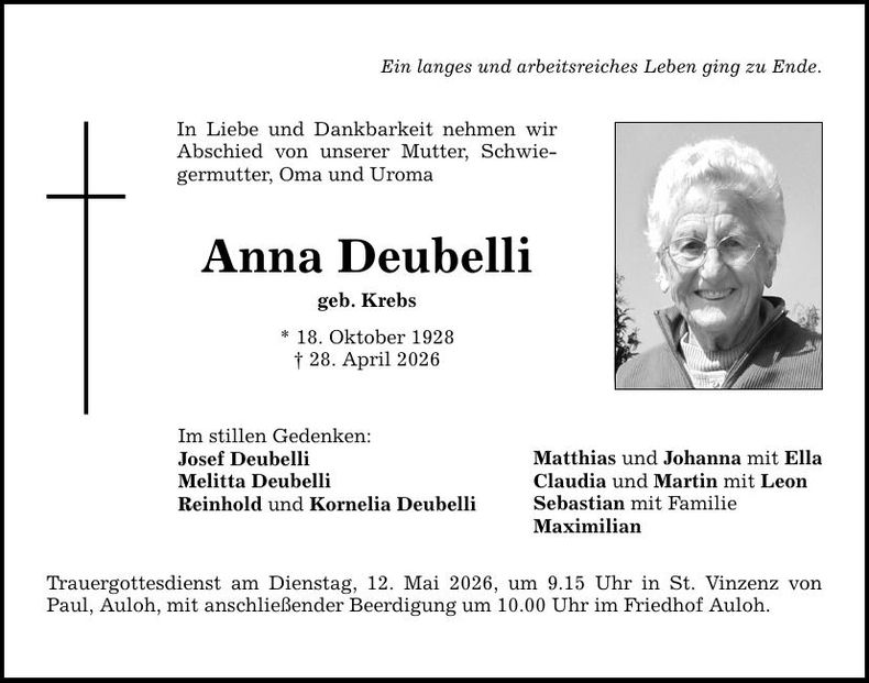Traueranzeige Anna Deubelle