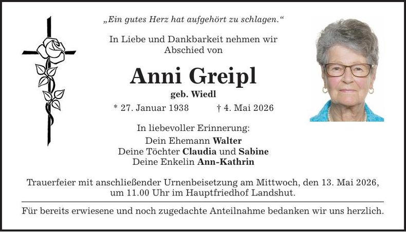 Traueranzeige Anni Greipl