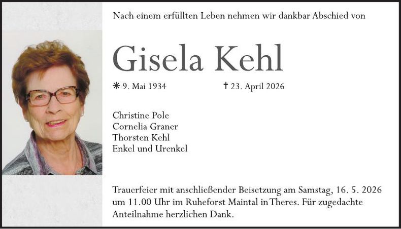 Traueranzeige Gisela Kehl