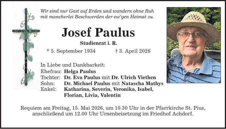 Traueranzeige Josef Paulus