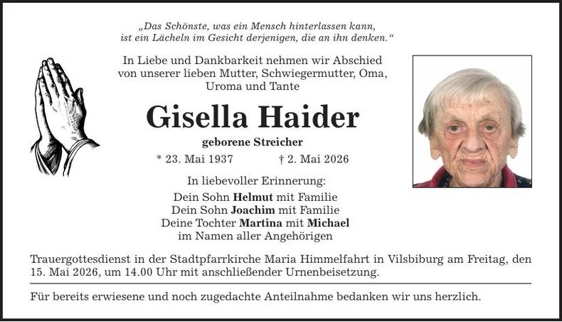 Traueranzeige Gisella Haider