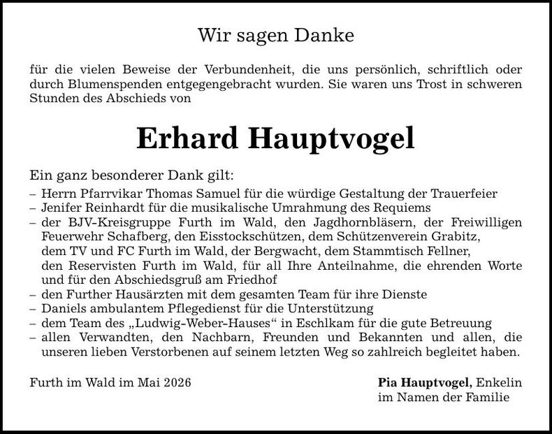 Traueranzeige Erhard Hauptvogel