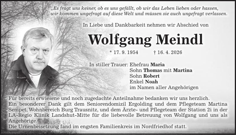 Traueranzeige Wolfgang Meindl