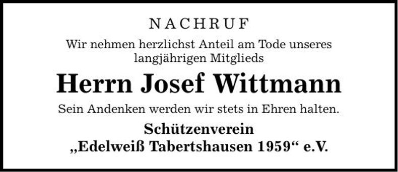Traueranzeige Josef Wittmann