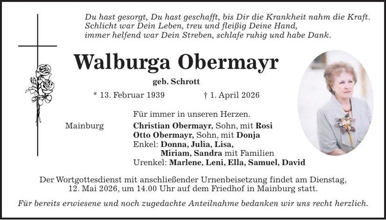 Traueranzeige Walburga Obermayr