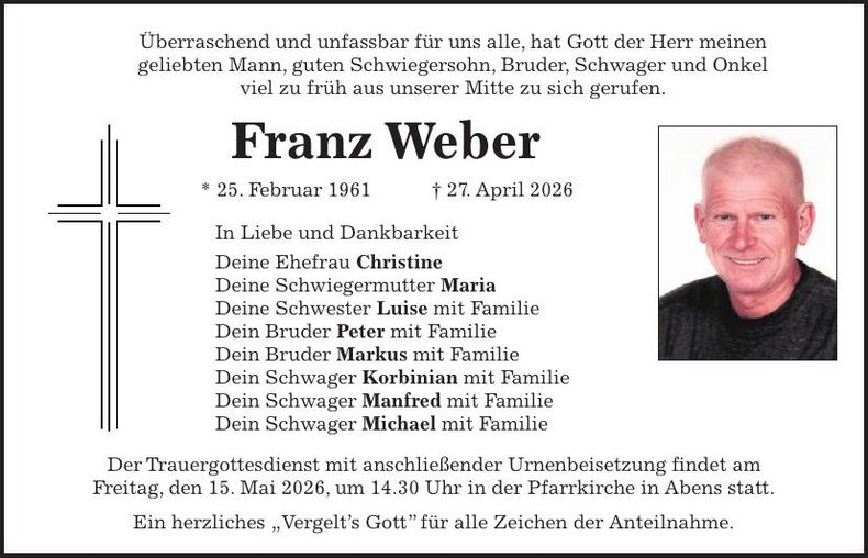 Traueranzeige Franz Weber