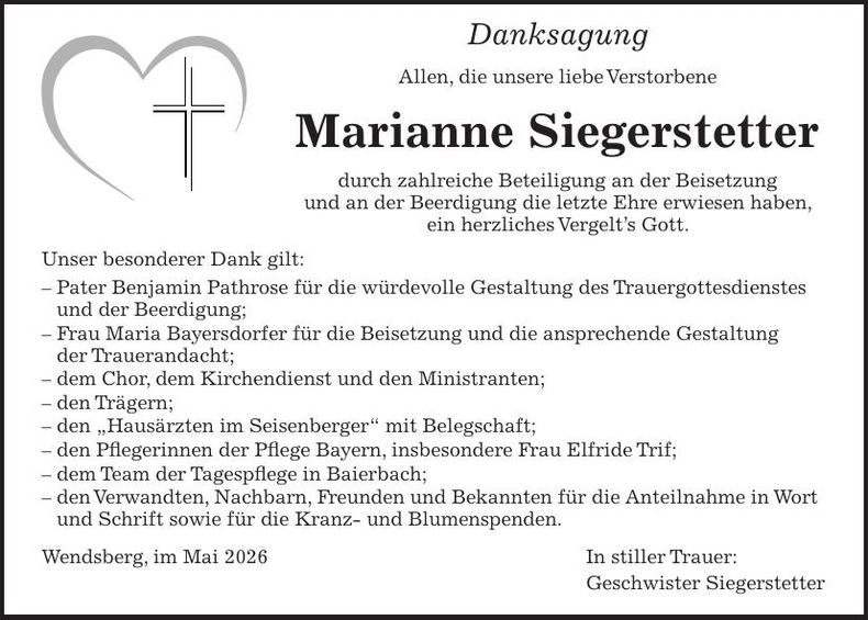 Traueranzeige Marianne Siegerstetter