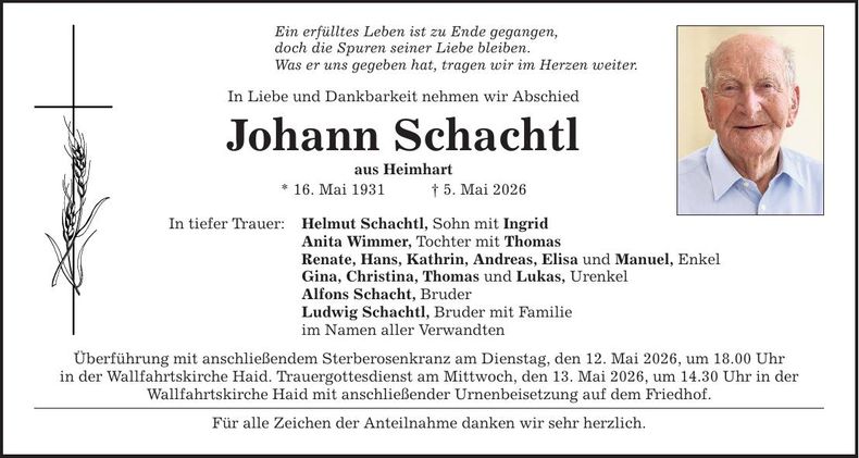 Traueranzeige Johann Schachtl