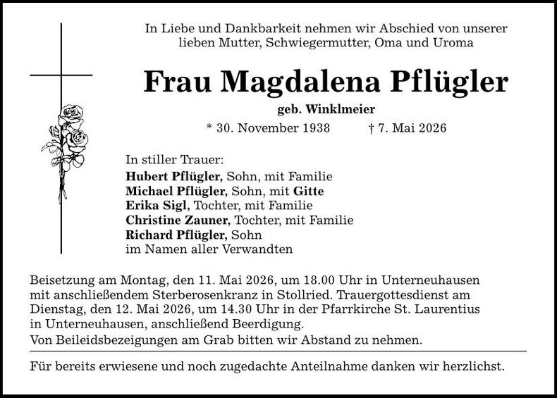 Traueranzeige Magdalena Plügler