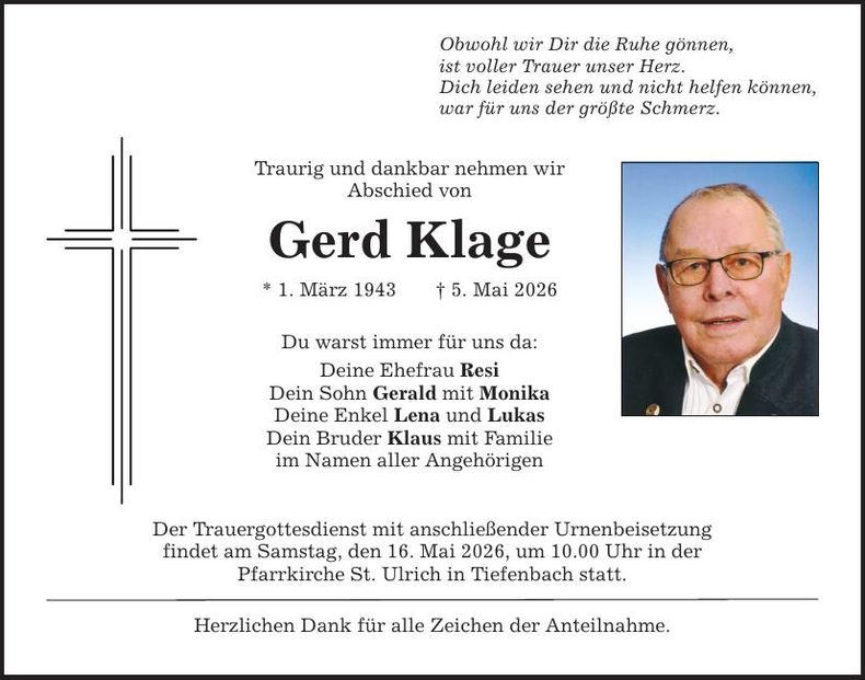Traueranzeige Gerd Klage