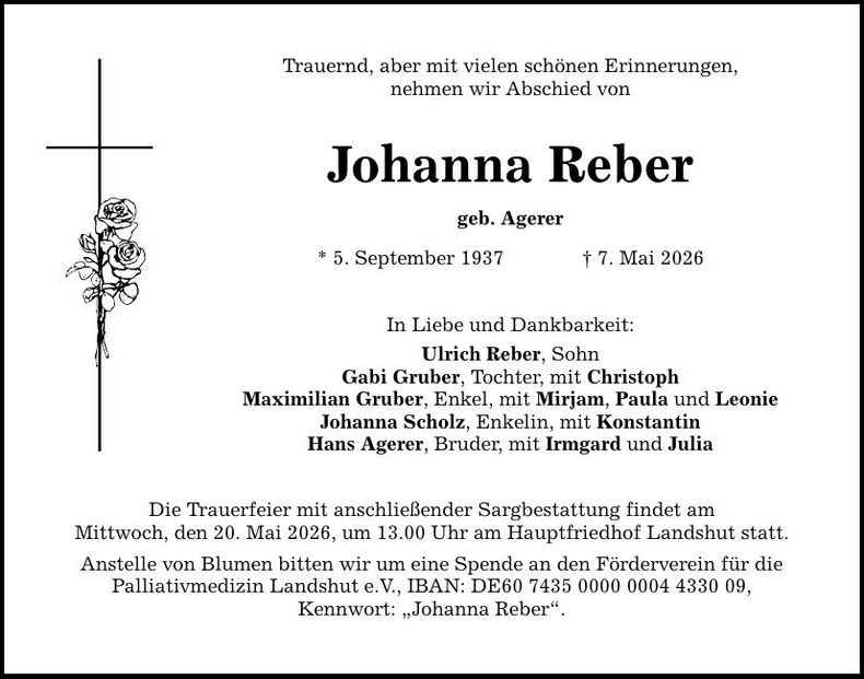 Traueranzeige Johanna Reber