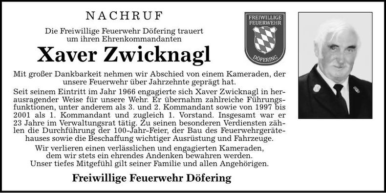 Traueranzeige Xaver Zwicknagl