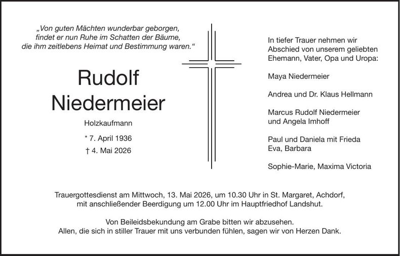 Traueranzeige Rudolf Niedermeier