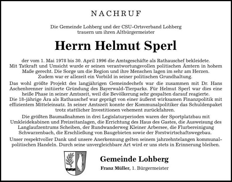 Traueranzeige Helmut Sperl