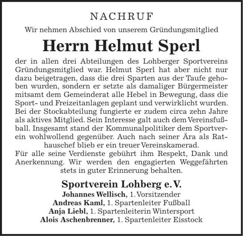 Traueranzeige Helmut Sperl