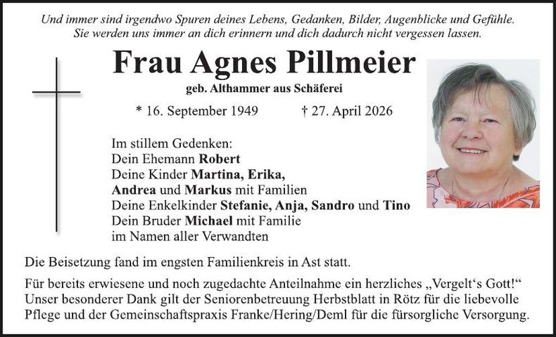 Traueranzeige Agnes Pillmeier