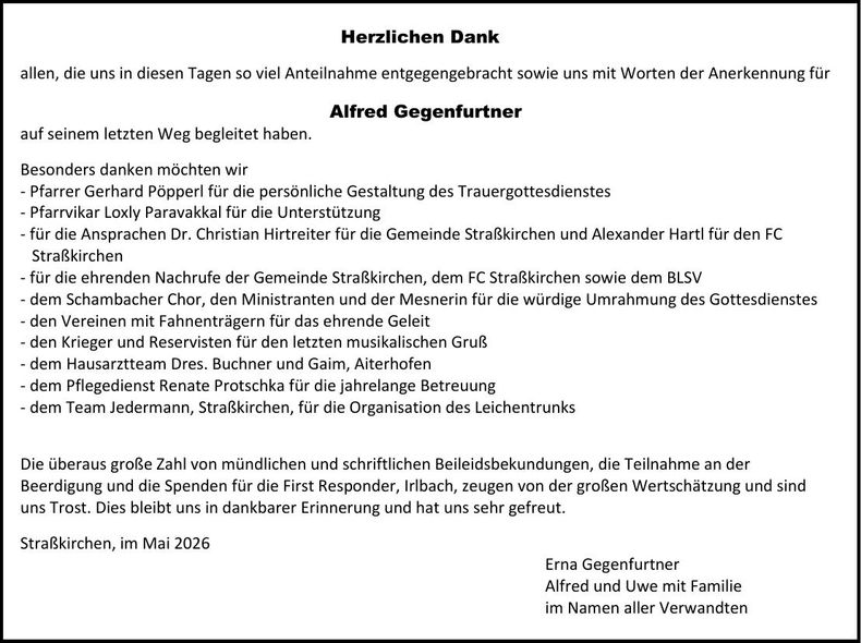 Traueranzeige Alfred Gegenfurtner