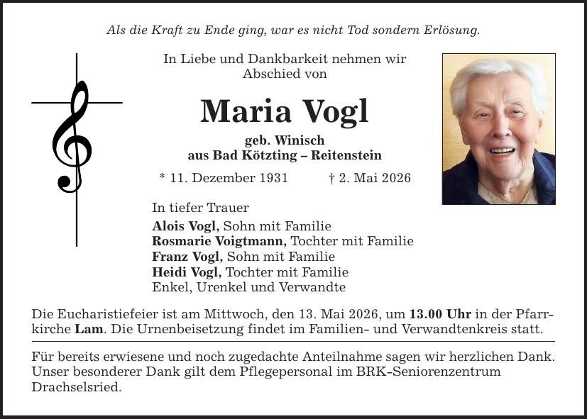 Traueranzeige Maria Vogl