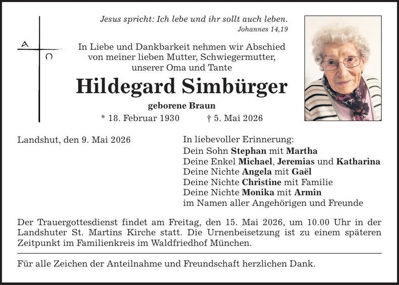 Traueranzeige Hildegard Simbürger