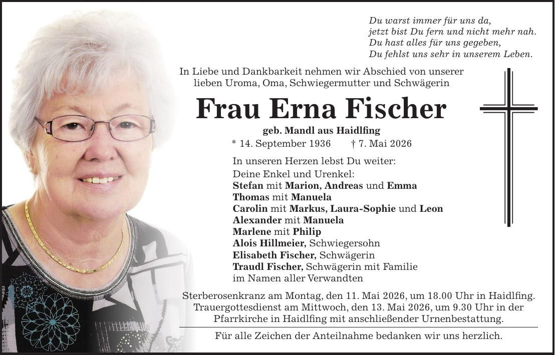 Traueranzeige Erna Fischer
