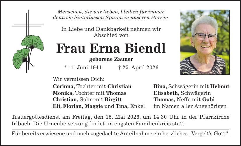 Traueranzeige Erna Biendl