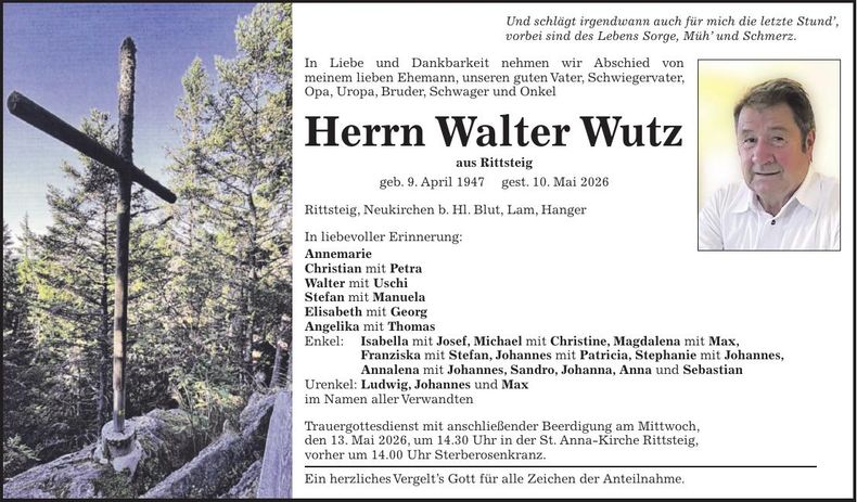 Traueranzeige Walter Wutz