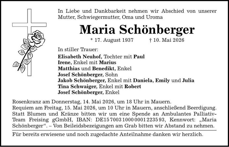 Traueranzeige Maria Schönberger