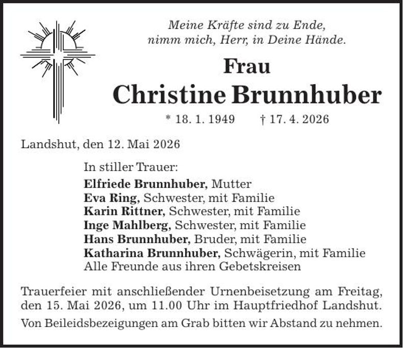Traueranzeige Christine Brunnhuber