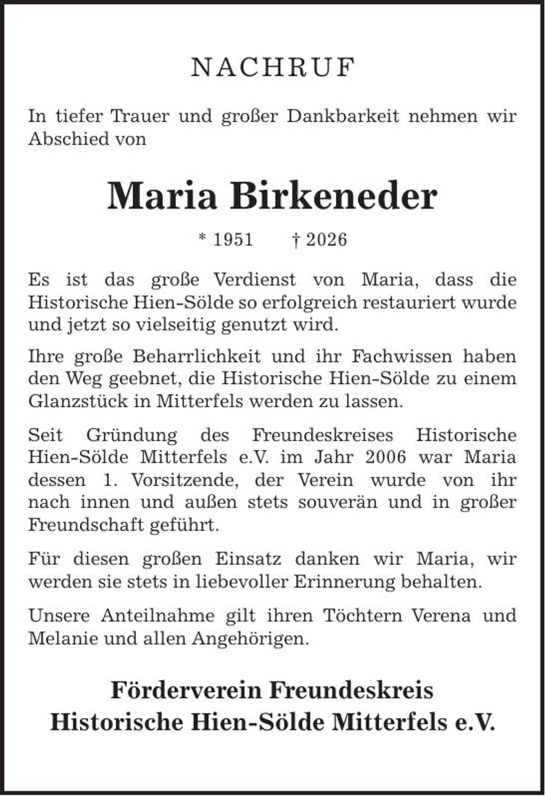 Traueranzeige Maria Birkeneder