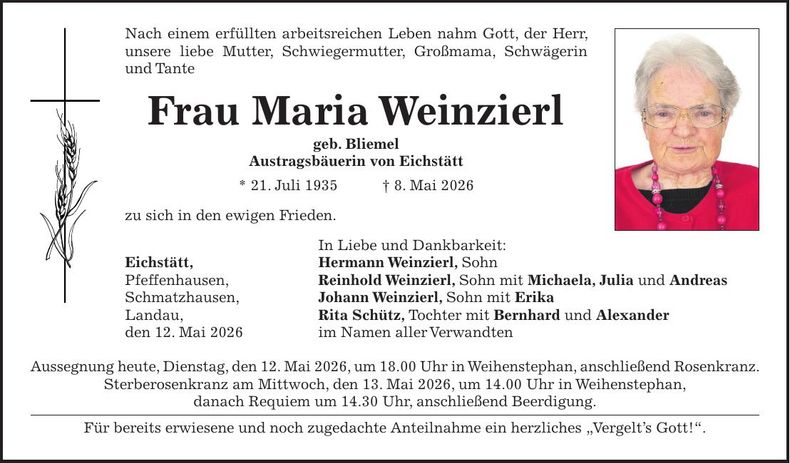 Traueranzeige Maria Weinzierl