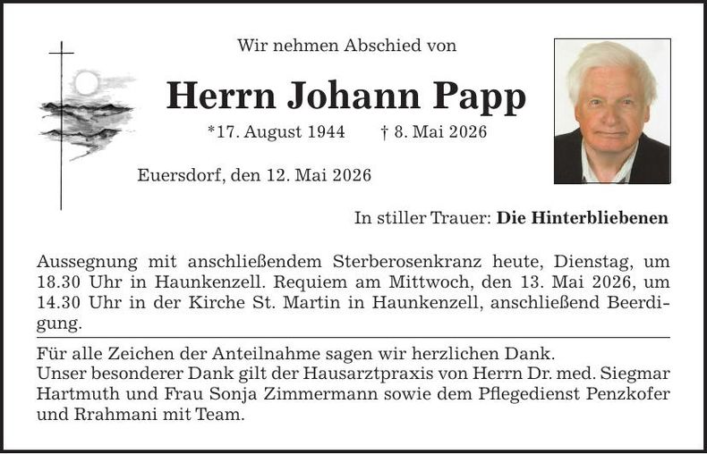 Traueranzeige Johann Papp