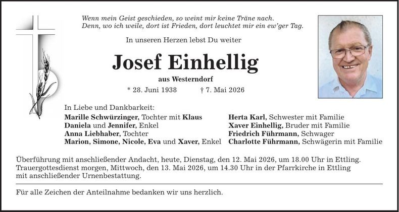 Traueranzeige Josef Einhellig