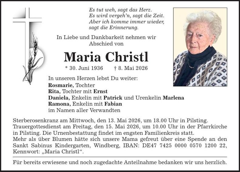 Traueranzeige Maria Christl