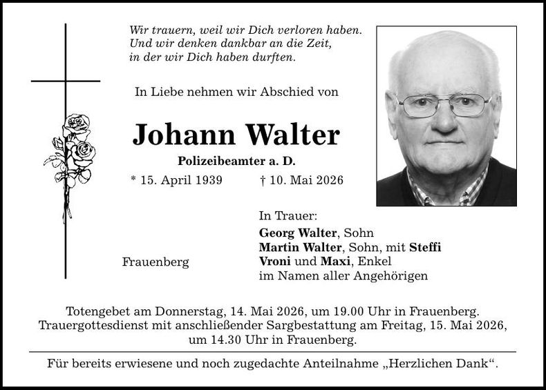 Traueranzeige Johann Walter