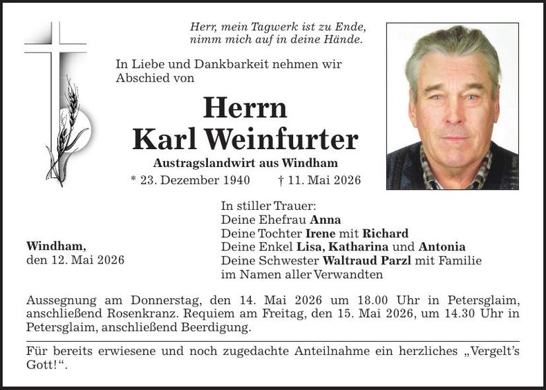 Traueranzeige Karl Weinfurter