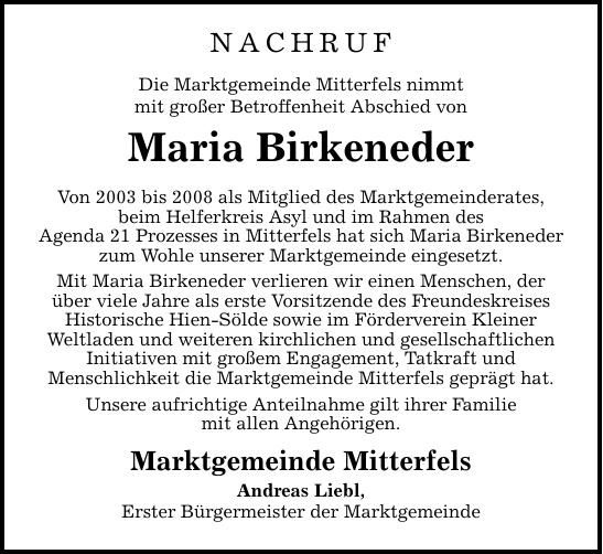 Traueranzeige Maria Birkeneder