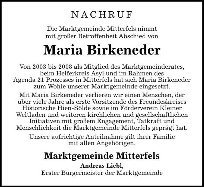 Traueranzeige Maria Birkeneder