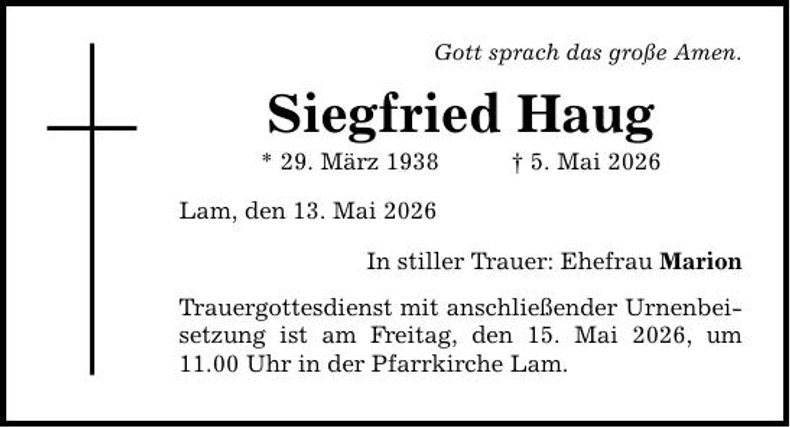 Traueranzeige Siegfried Haug